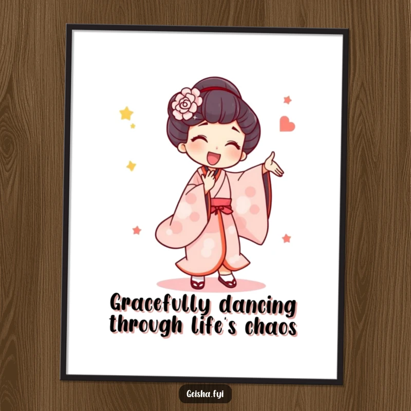 Funny Free Printable Wall Art: A geisha character performs an enthusiastic, silly dance with wide, joyful movements, bringing life to the room.