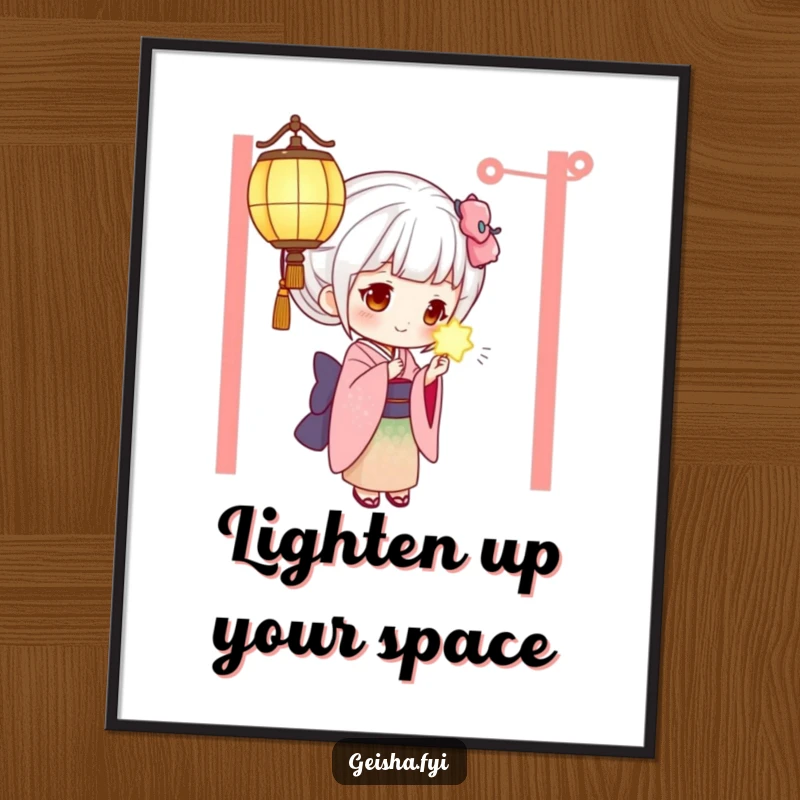 Funny free printable geisha wall art, a curious geisha character examines a glowing lantern, humorous digital art.