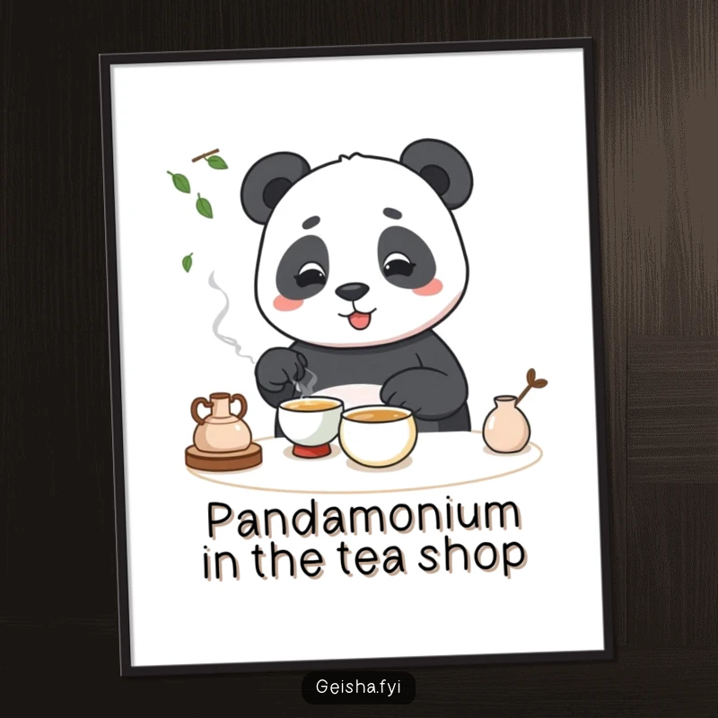 Funny Free Printable wall art of a panda comically struggling to perform a traditional tea ceremony.