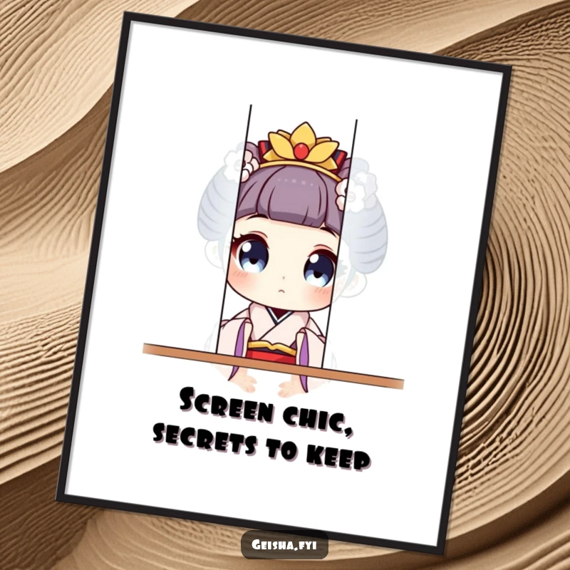 Playful free printable wall art showing a geisha with exaggerated wide eyes peeking curiously from behind a decorative screen, adding humor.