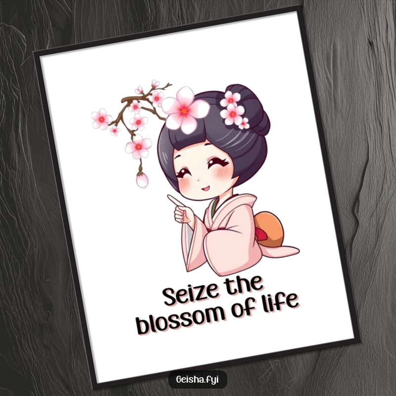 Free printable wall art depicting a geisha with a joyful smile pointing at a single falling cherry blossom, embodying transient beauty.