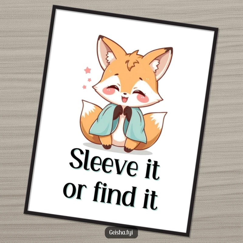 Funny Free Printable Wall Art: a delighted fox character hilariously fumbling with ornate silk sleeves, looking quite amused.