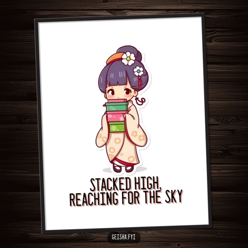 Funny Free Printable Geisha Wall Art: Geisha skillfully balancing a tower of colorful boxes, adding quirky charm.