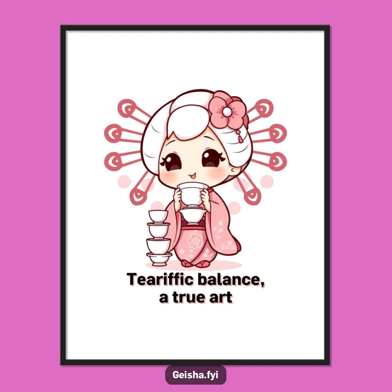 Geisha Teacup Balance Free Printable Wall Art - Elegant Humorous Downloadable Decor