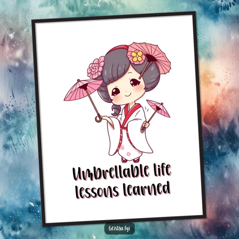 Funny free printable wall art displaying a geisha with a cheeky grin juggling three umbrellas, adding a touch of playful mischief.