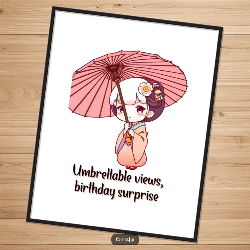 Funny Free Printable Geisha Wall Art, peeking curiously behind a large ornate umbrella, whimsical downloadable decor.