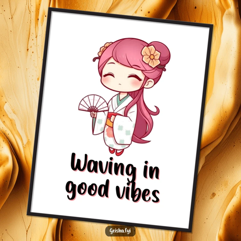 Funny free printable geisha wall art, a winking geisha character waves a small patterned fan, whimsical decor.