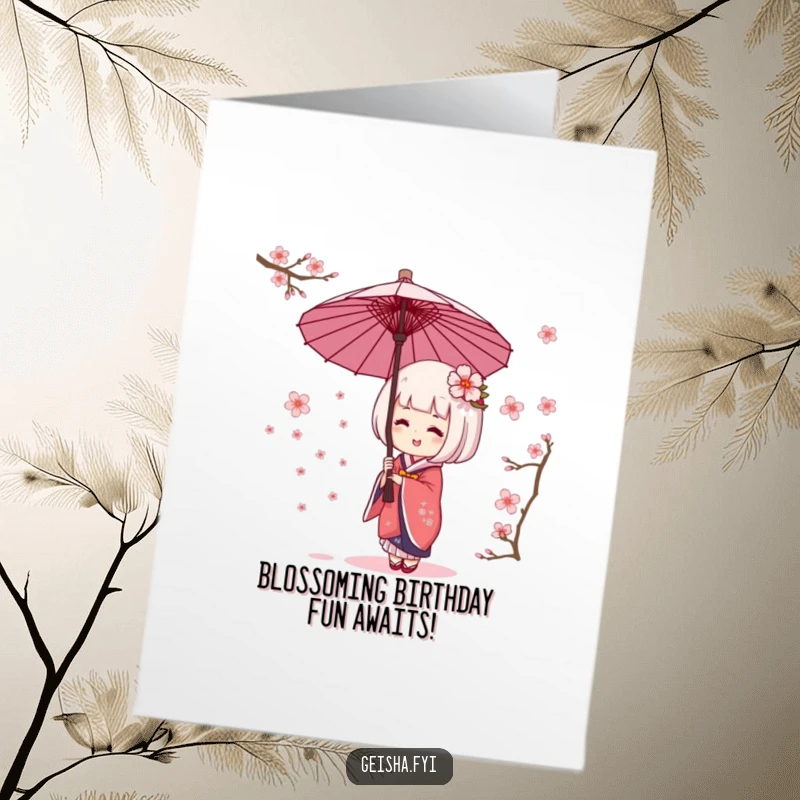 Funny Free Printable Birthday Card: Giggling Geisha Umbrella character joyfully catching falling cherry blossoms on a beautiful day.