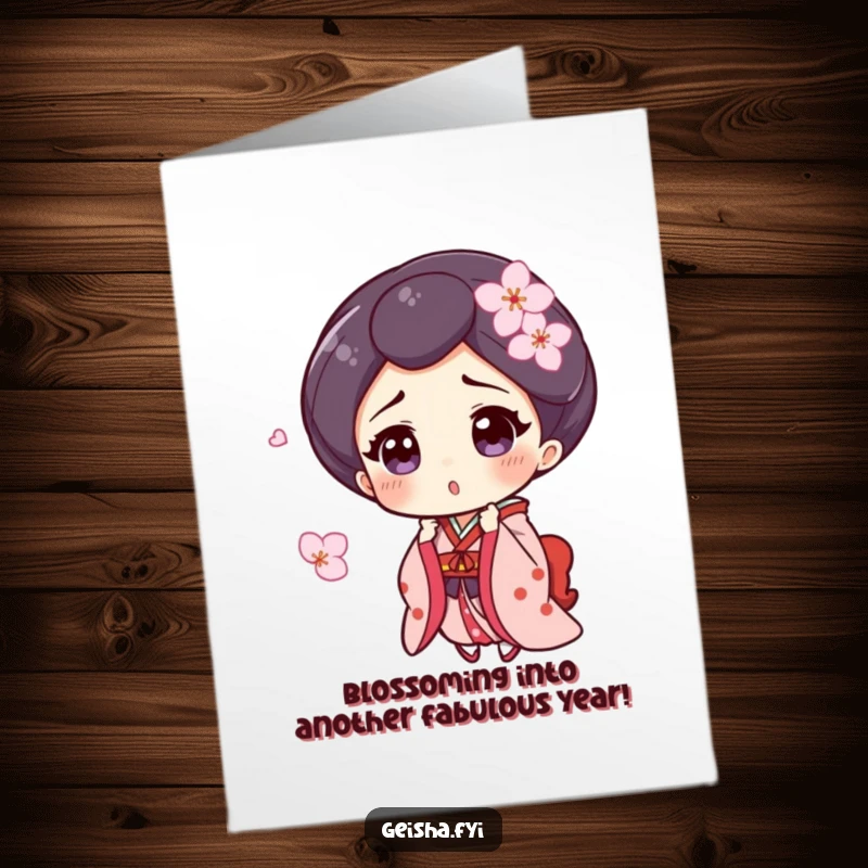 Funny Free Printable Geisha Birthday Card: Surprised geisha catches falling cherry blossom, delightful and amusing.