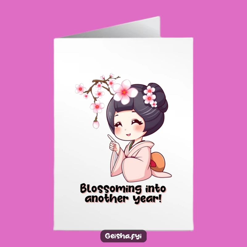 Smiling Geisha Cherry Blossom Happy Birthday Card - Free Printable Download