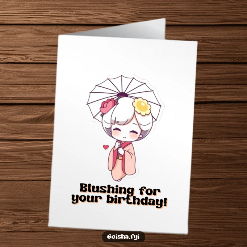 Funny Free Printable Birthday Card: Geisha character with rosy blush giggling behind an umbrella, sharing birthday mirth.