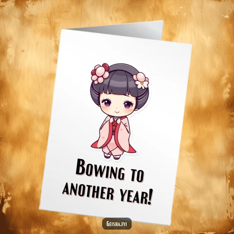 Free printable happy birthday card featuring a geisha bowing gracefully with a warm, cheerful smile, sending happy wishes.