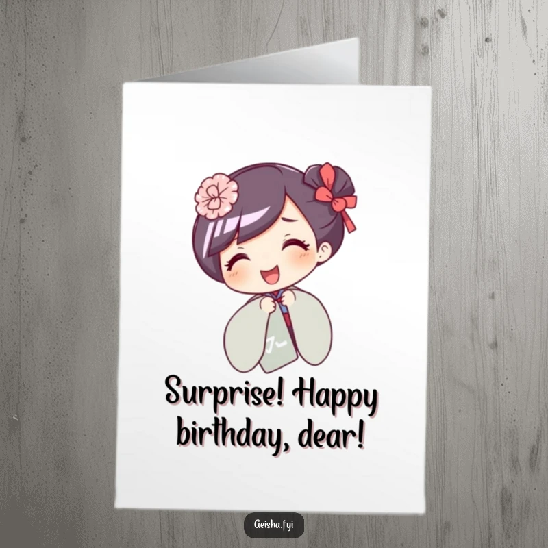 Funny Free Printable Birthday Card: Giggling geisha character playfully peeks out from behind a decorative paper fan, full of mischief.