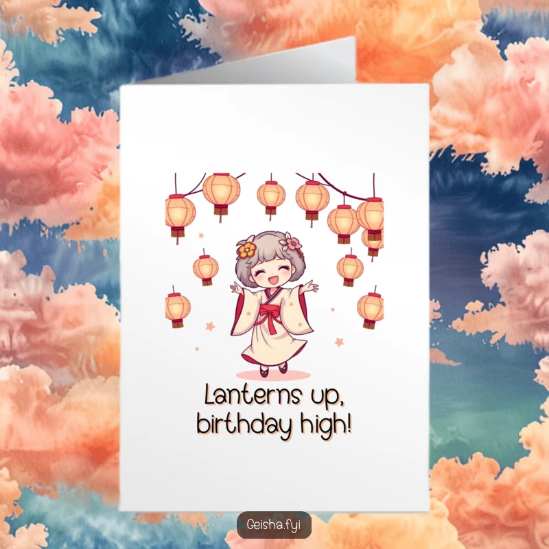 Funny Free Printable Birthday Card: Joyful geisha dances amidst a vibrant cascade of colorful paper lanterns, radiating happiness.