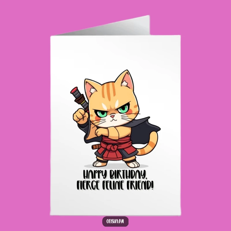 Free Printable Birthday Card: Samurai Cat Poses, Downloadable Greeting for a Fiercely Fun Celebration