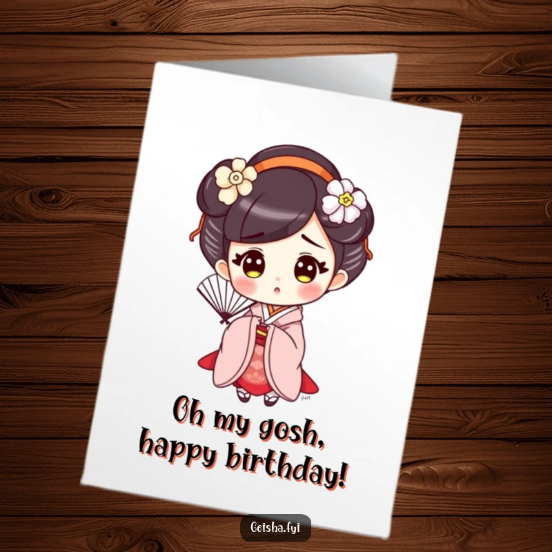 Funny free printable birthday card: a cute geisha with wide eyes and a surprised expression holds a fan.