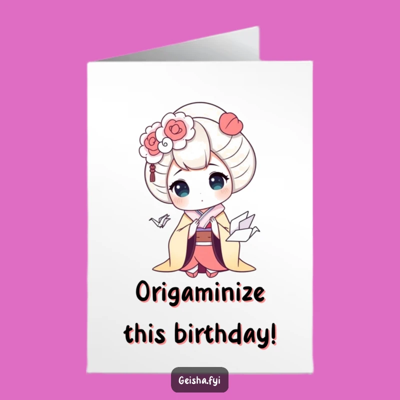 Free Printable Birthday Card: Surprised Geisha & Origami Crane Funny Downloadable Gift
