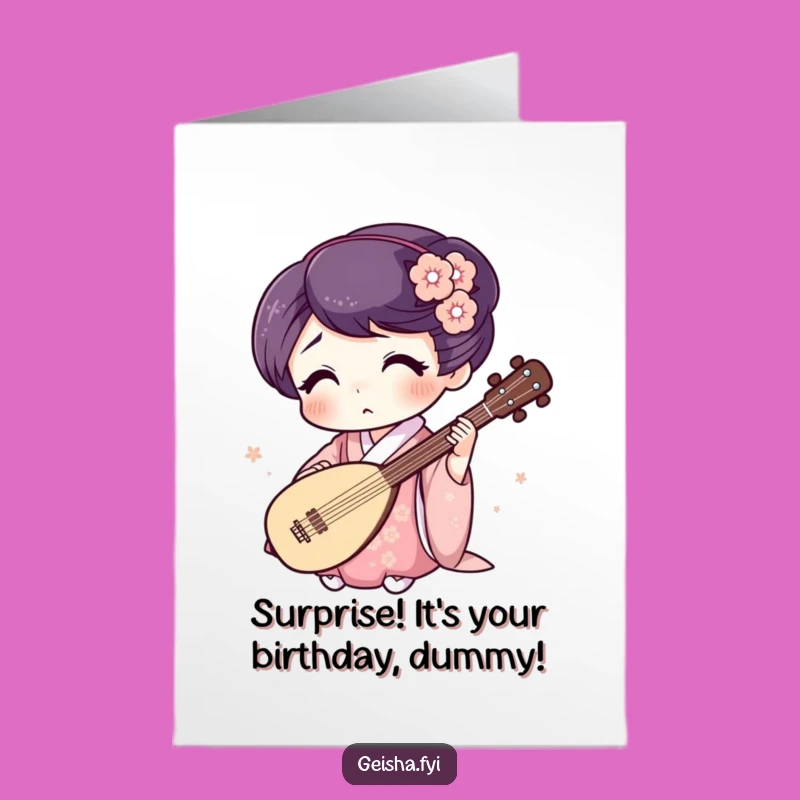 Free Printable Birthday Card: Surprised Geisha Shamisen Funny Downloadable Gift