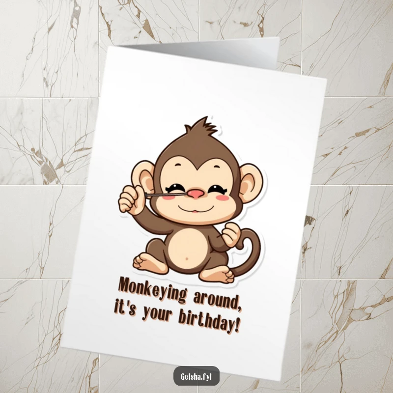 Funny Free Printable Birthday Card: a cheeky monkey character precariously balancing a fan on its nose.