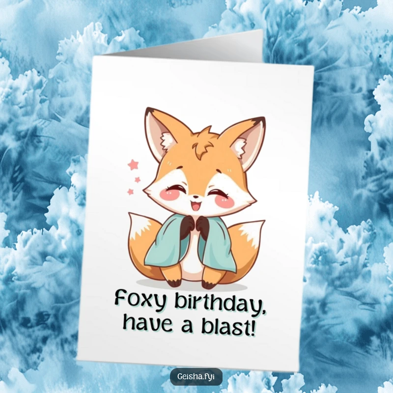Funny Free Printable Birthday Card: a delighted fox character hilariously fumbling with flowing silk sleeves.