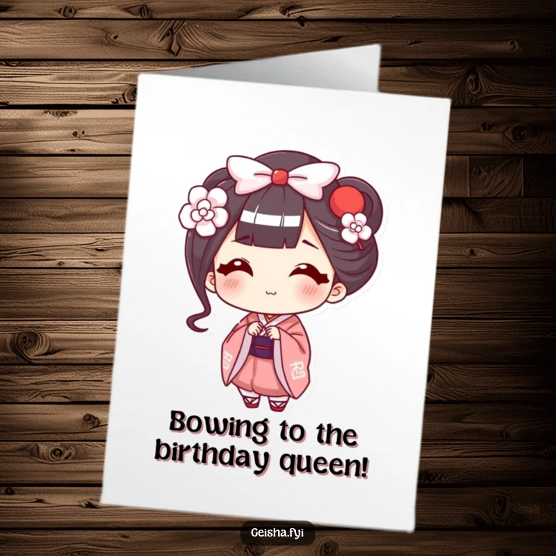 Funny free printable birthday card of a happy geisha performing a delicate, smiling bow, conveying warm wishes with a touch of humor.