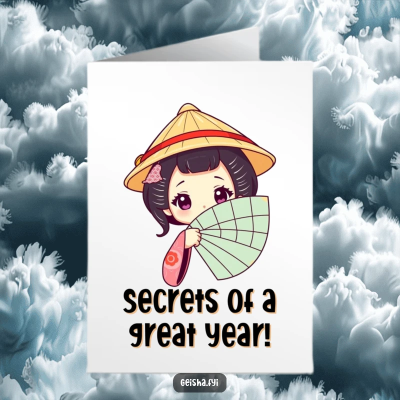 Funny Free Printable Geisha Birthday Card: Geisha character playfully peeking from behind a fan, celebrating a birthday with humor.