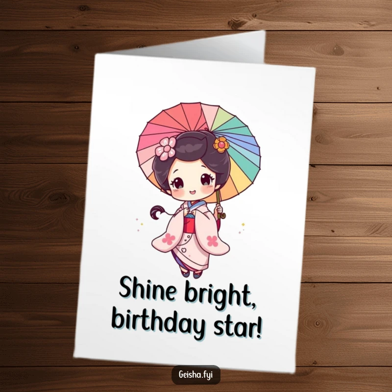 Funny Free Printable Geisha Birthday Card: A happy geisha spins a colorful parasol, showering glitter for a festive occasion.