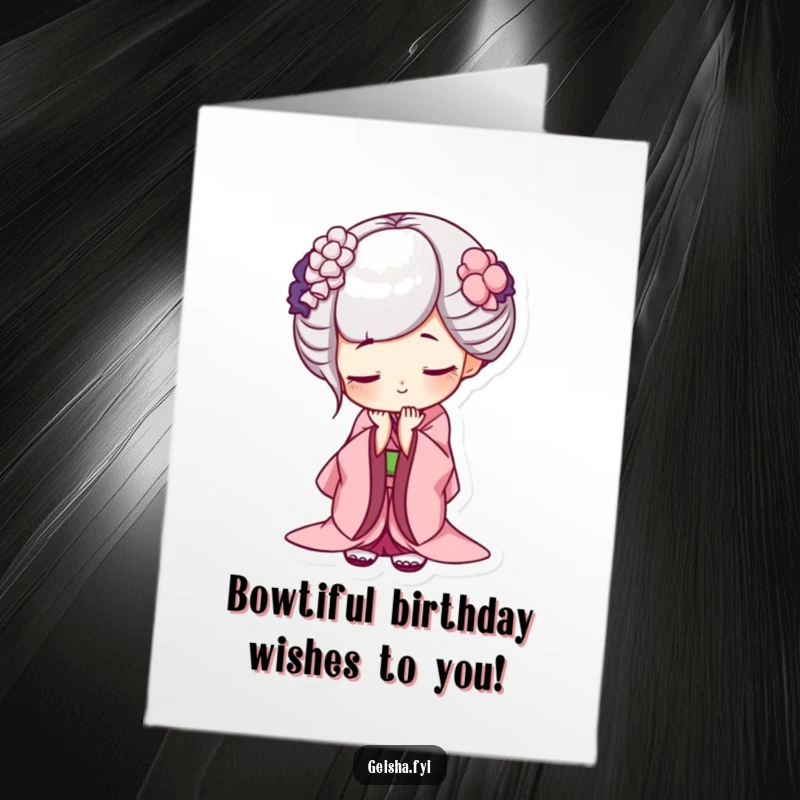 Funny Free Printable Geisha Birthday Card: Geisha bows deeply with a charming, mischievous grin, wishing happy birthday.