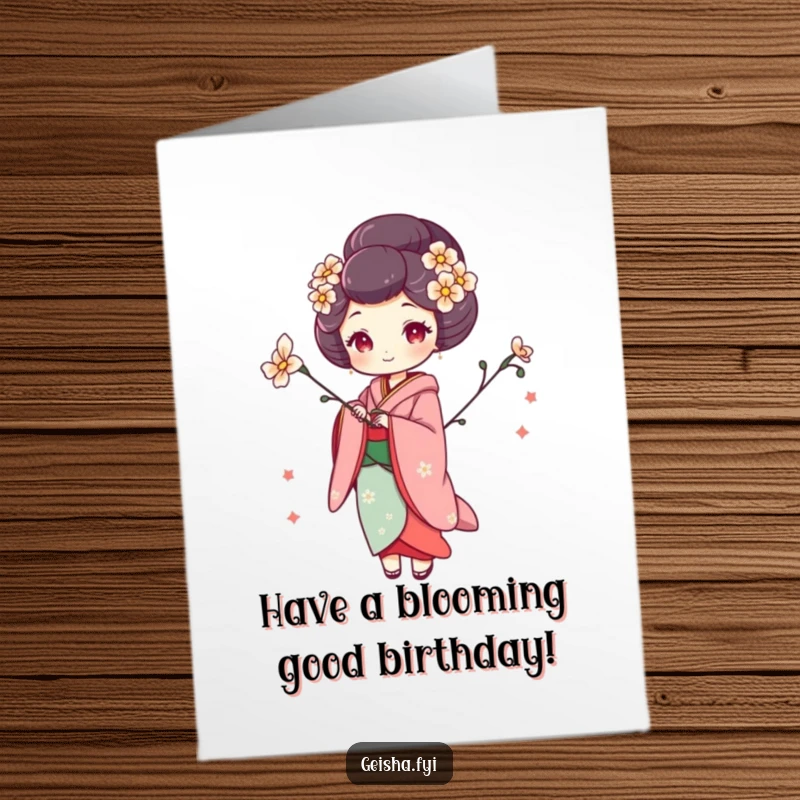 Funny Free Printable Birthday Card: A geisha strikes a playful, whimsical pose holding a delicate flower.