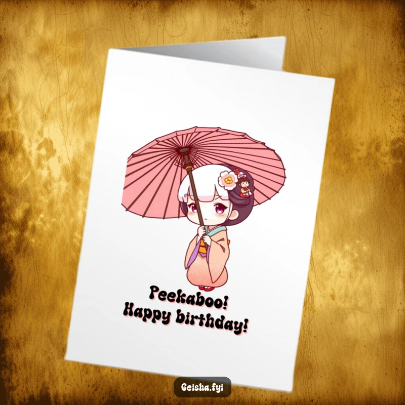 Funny Free Printable Geisha Birthday Card, peeking playfully from behind a large umbrella, downloadable gift.