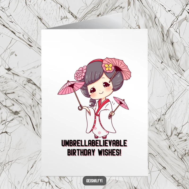Funny free printable birthday card featuring a mischievous geisha juggling umbrellas with a sly grin, ready to deliver laughs.
