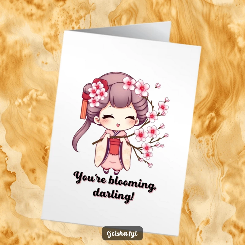Funny Free Printable Birthday Card: A geisha character winking playfully while holding a delicate sprig of cherry blossoms. Charming downloadable gift.