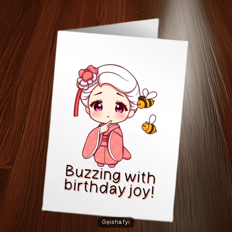 Funny Free Printable Geisha Birthday Card. A geisha points with playful amusement at a tiny, buzzing bee, creating a humorous scene.