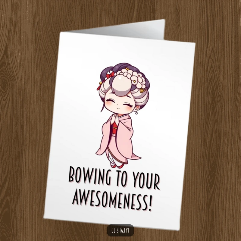 Funny Free Printable Geisha Birthday Card. A graceful geisha bows deeply with exaggerated humor, ready to deliver birthday wishes.