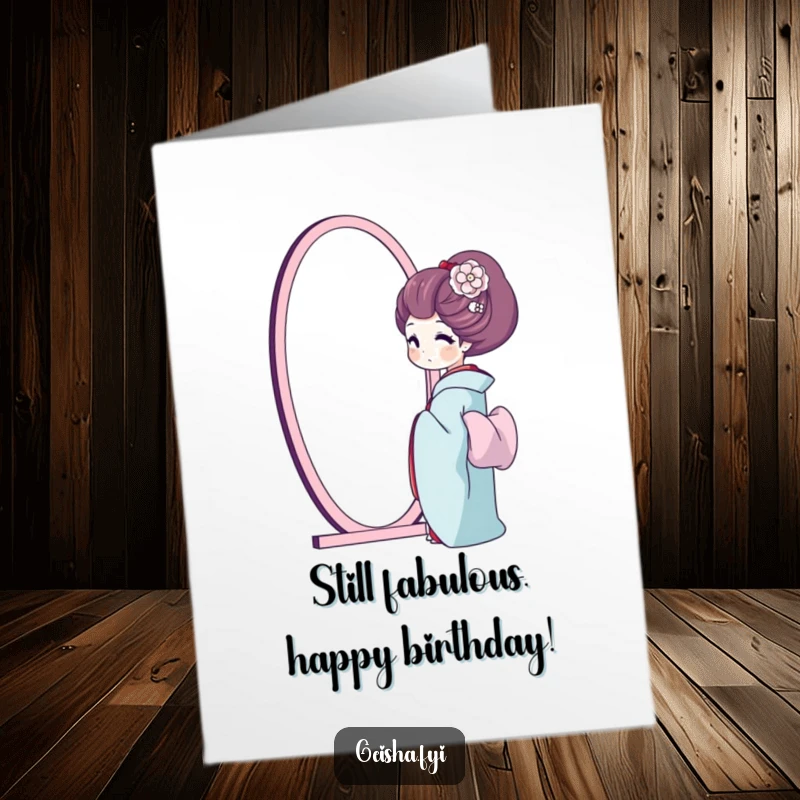 Free printable happy birthday card showing a geisha happily sighing while admiring her beautiful reflection in a handheld mirror.