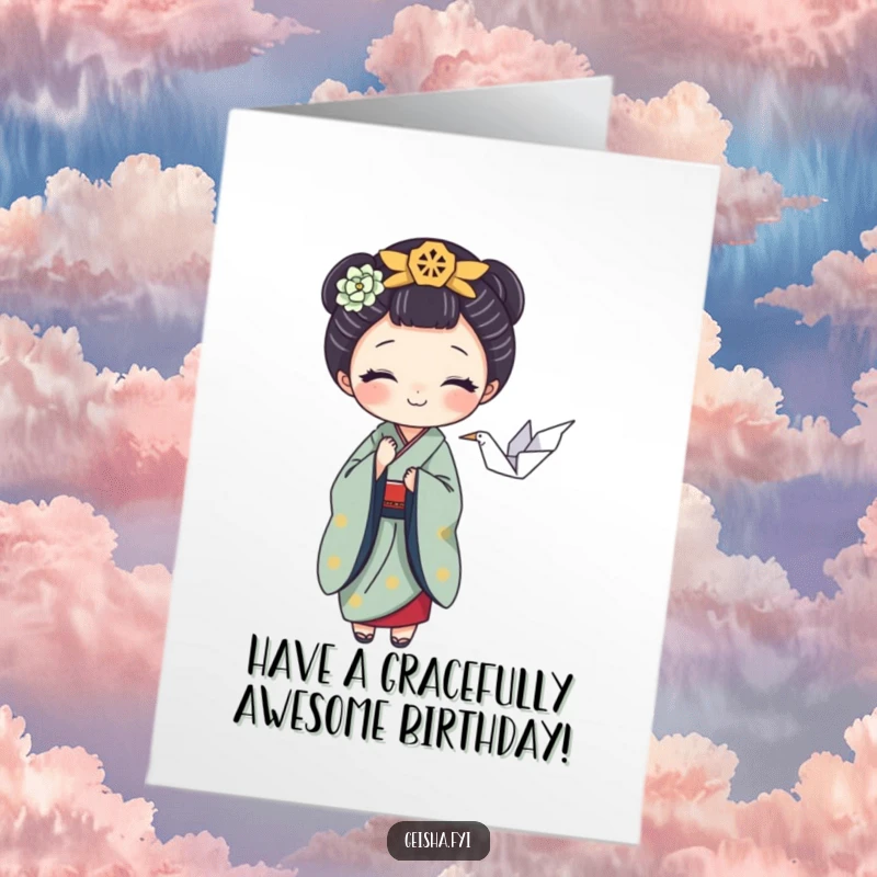 Funny Free Printable birthday card featuring a playful geisha character delicately balancing a tiny origami crane, celebrating with poise.