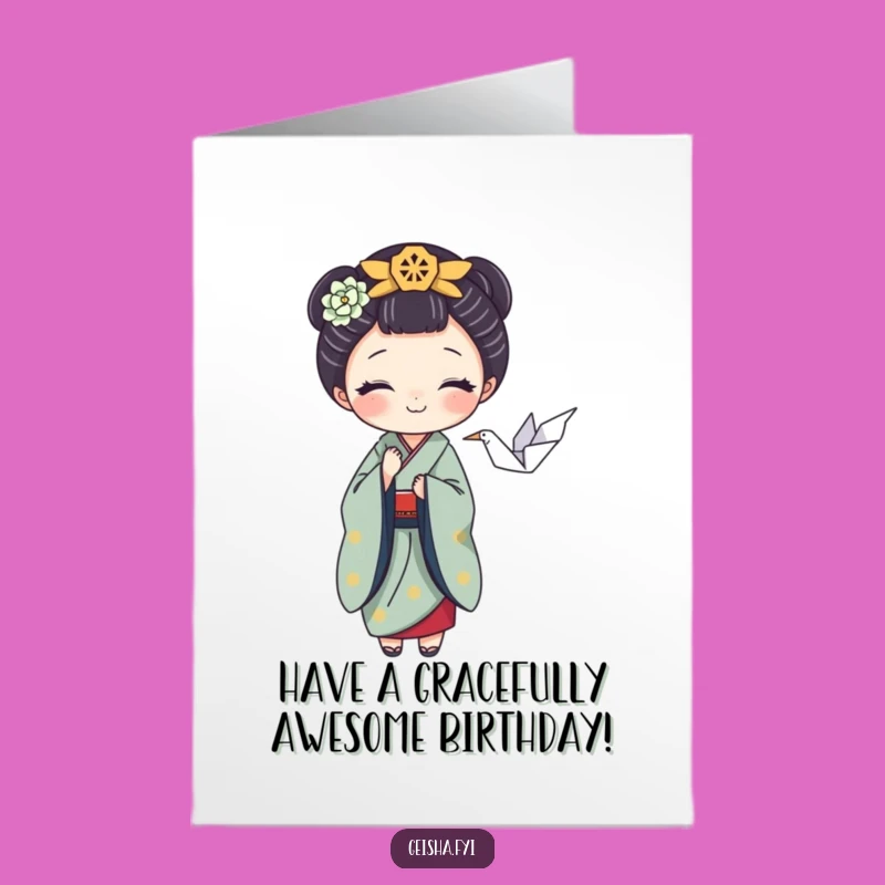 Free Printable Birthday Card: Geisha & Crane Balance, Elegant and Funny Downloadable Gift