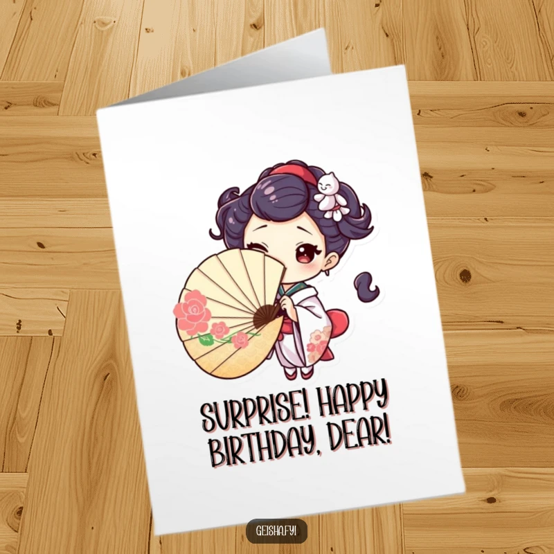 Playful Free Printable Birthday Card: a geisha character winks while peeking from behind a fan, conveying a secret wish.