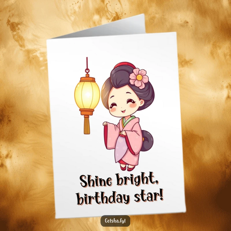 Funny Free Printable Birthday Card: A smiling geisha holds a brightly glowing lantern, bringing warm cheer.