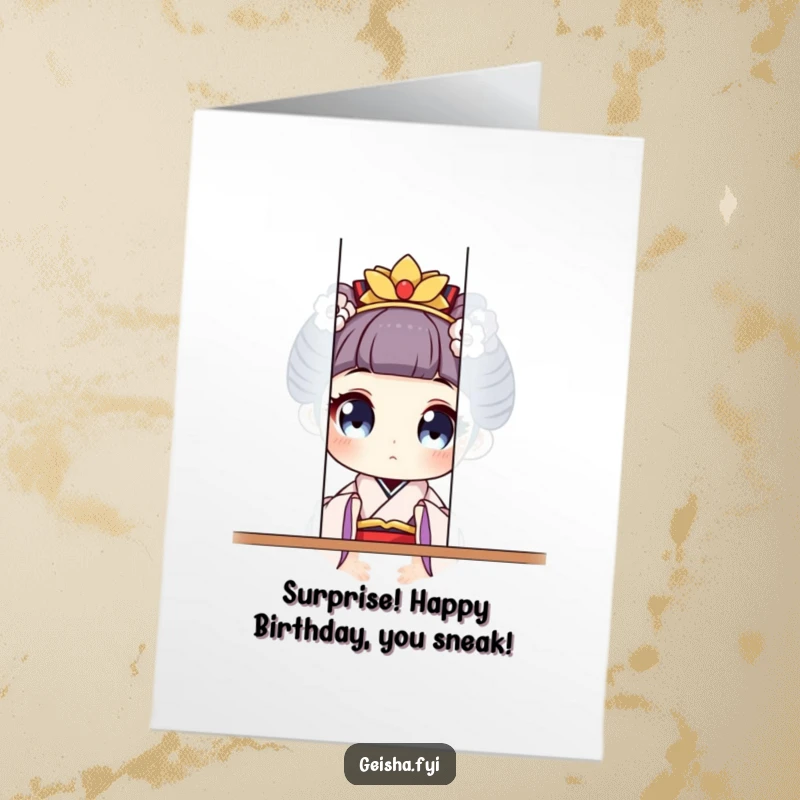 Funny free printable birthday card with a geisha's wide eyes playfully peeking from behind a screen, full of mischievous birthday cheer.