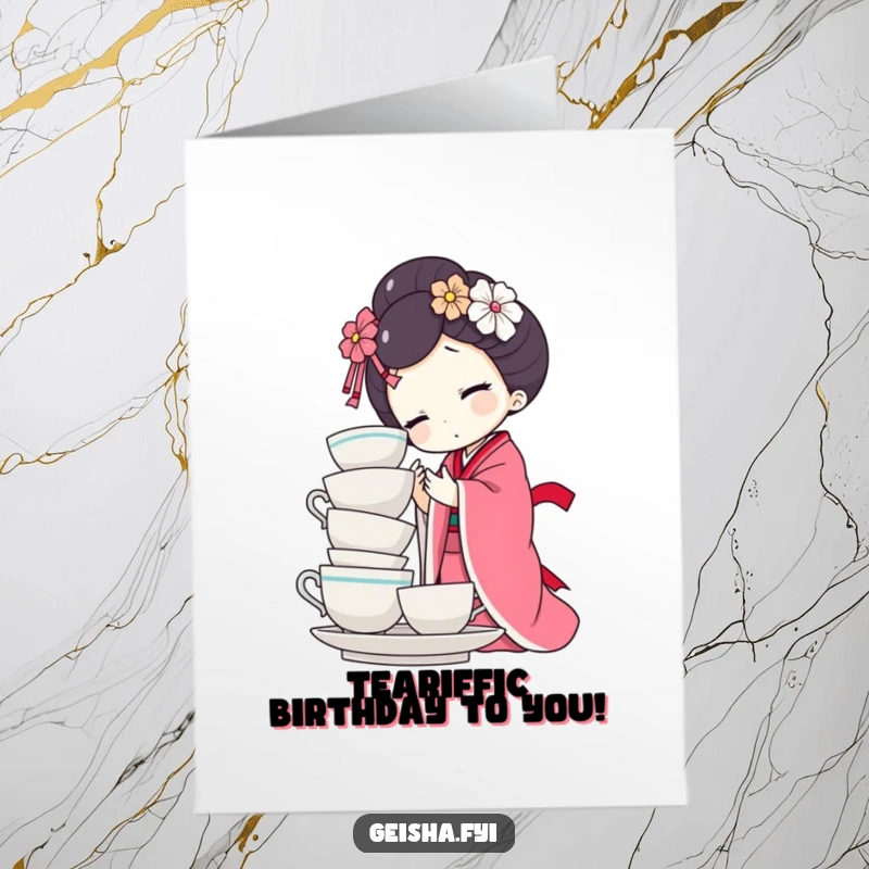 Funny Free Printable Birthday Card: Comedic Geisha Doll precariously balancing a tall stack of teacups.