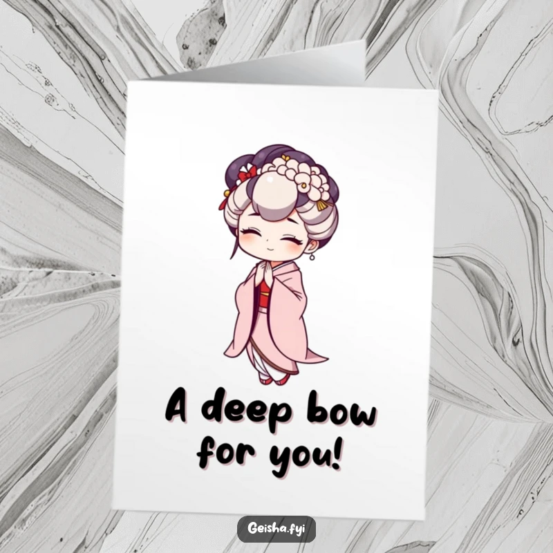 Funny Free Printable Geisha Congratulations Card. A graceful geisha performs a comical, exaggerated bow to express heartfelt congratulations.