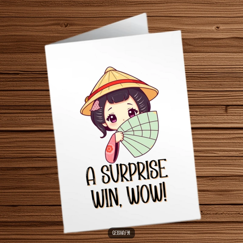 Funny Free Printable Geisha Congratulations Card: Geisha character peeking from behind a fan, celebrating success with playful humor.