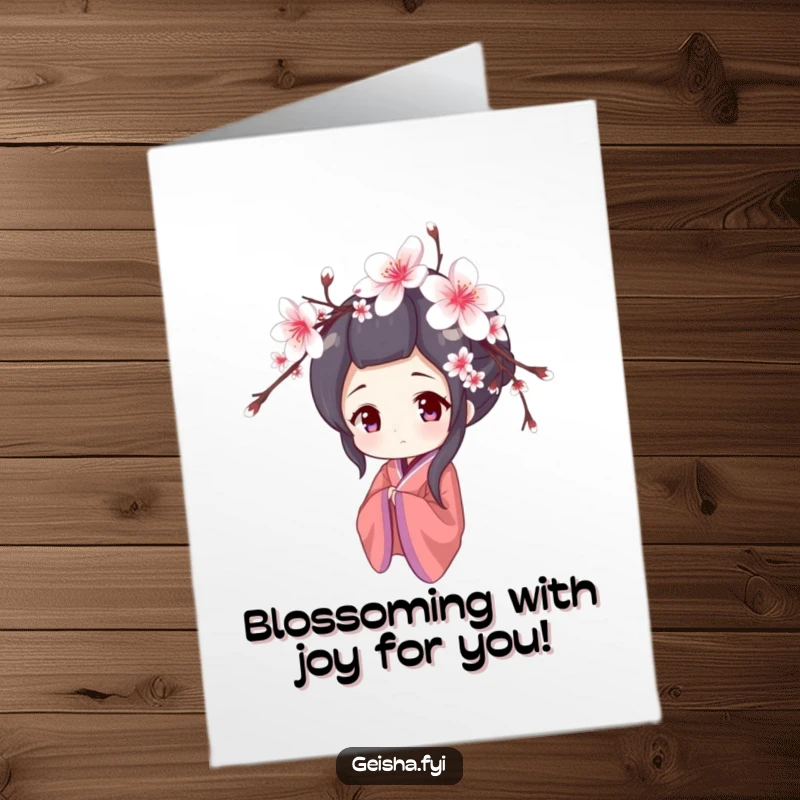 Funny Free Printable congratulations card with a shy geisha character peeking from cherry blossoms, conveying congratulations with charming modesty.