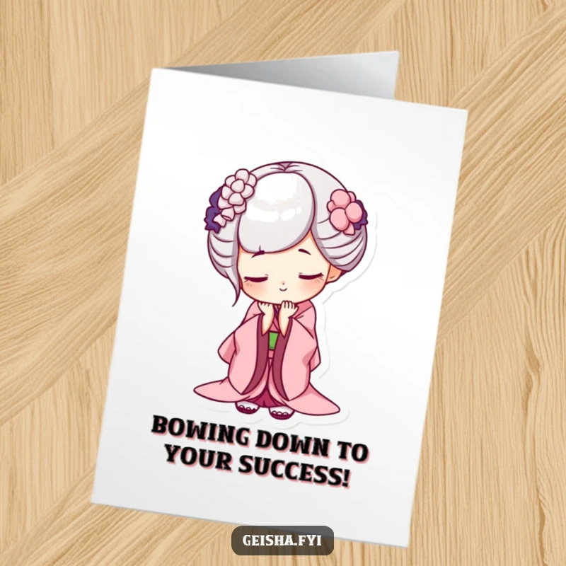 Printable Free Geisha Congratulations Card: Deeply bowing geisha with mischievous grin, humorously celebrating success.
