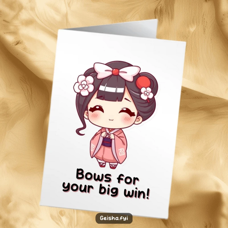 Funny free printable congratulations card showing a happy geisha offering a delicate, smiling bow, perfect for celebrating achievements with humor.