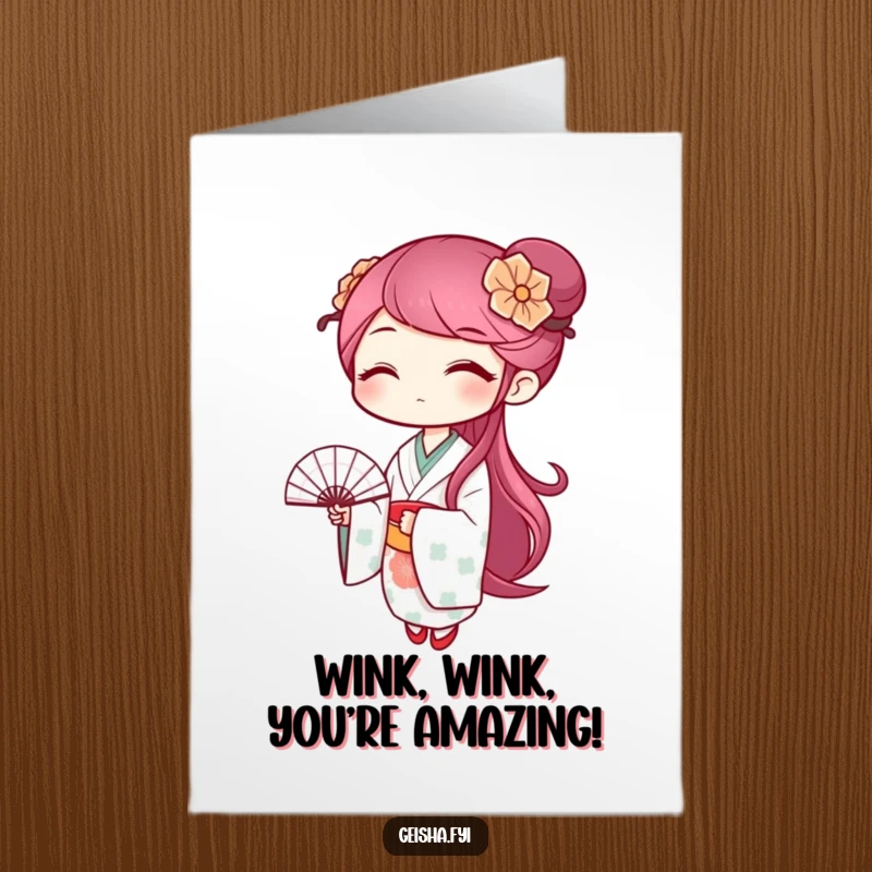 Funny free printable geisha congratulations card, a winking geisha waves a small patterned fan, celebratory art.