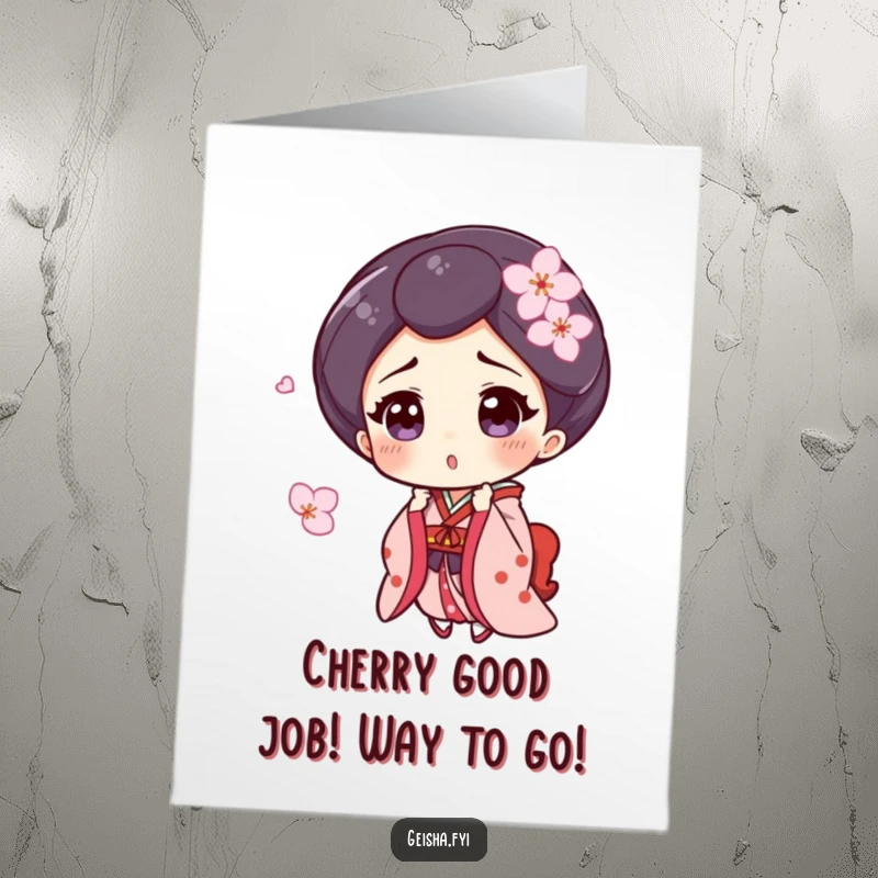 Printable Free Geisha Congratulations Card: Geisha with surprised smile catches blossom, celebrating achievements humorously.
