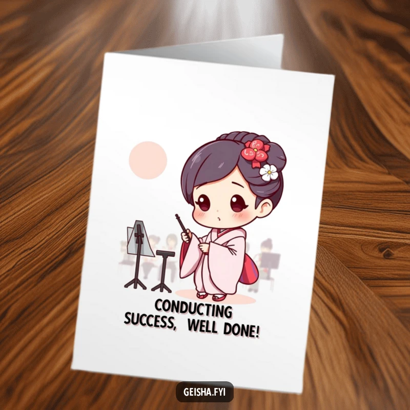 Funny Free Printable Geisha Congratulations Card, intently conducting an unseen orchestra, celebratory downloadable art.