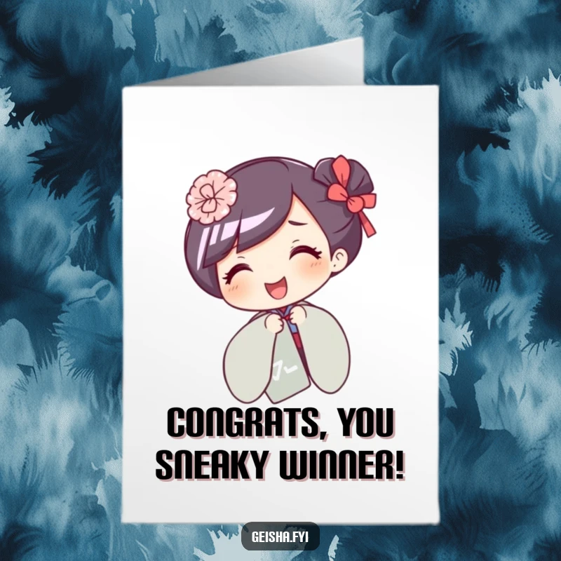 Funny Free Printable Congratulations Card: Giggling geisha character playfully hides behind a fan, peeking out with a mischievous hint of joy.